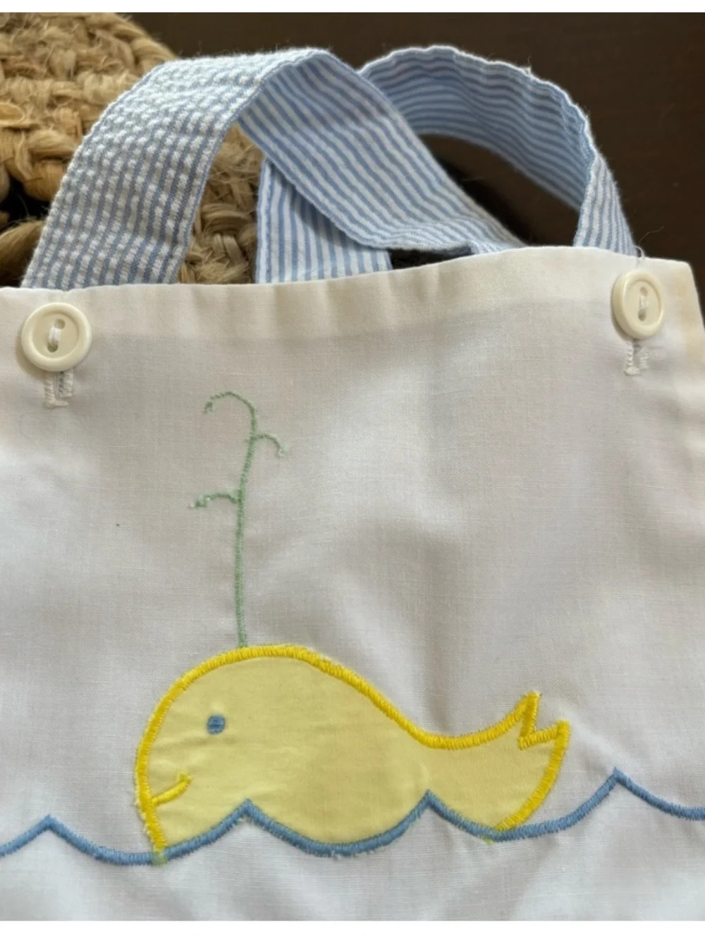 Vintage 1993 Seersucker Embroidered Whales 2 Piece Romper Set Blue Baby 6-9 M